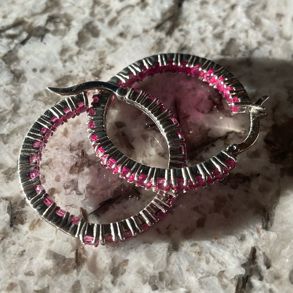 5.98CTW ROUND PINK TOPAZ RHODIUM OVER STERLING SILVER HOOP EARRINGS -